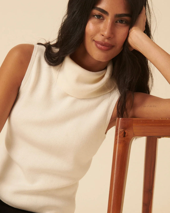Ribbed Knitted Roll Neck Vest Top - White