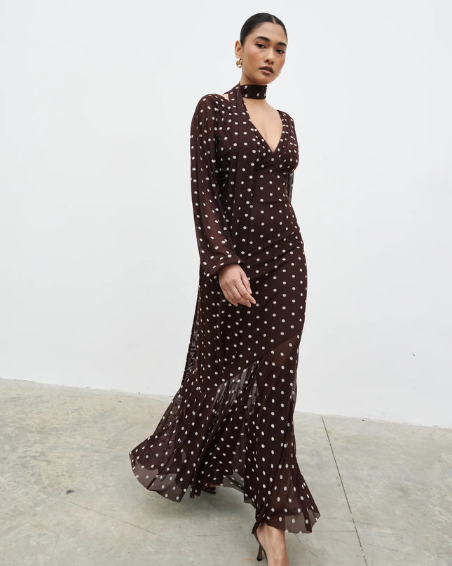 Petula Scarf Mesh Maxi Dress - Brown and Cream Polka Dot