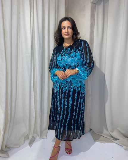 Harlow Floral Belted Long Sleeve Midi Dress- Blue