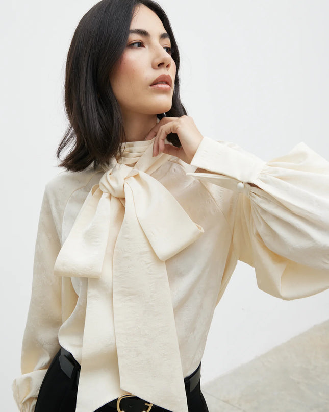 Kesia Jacquard Bow Blouse - Cream