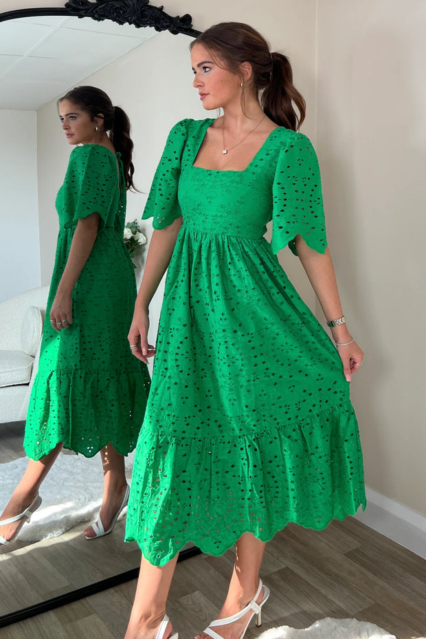 Aspen Broidery Tiered Midaxi Dress - Green