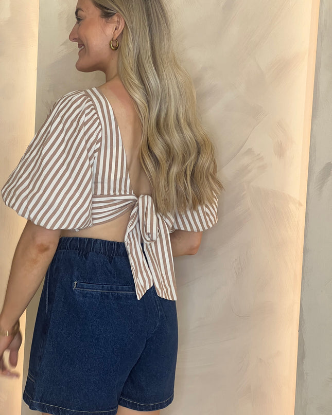 Bow Stripe Top - Beige/Cream