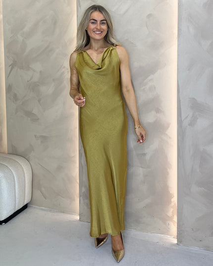 Cowl Neck Dress with Gold Hardware - Green