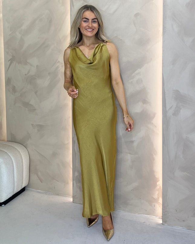 Cowl Neck Dress with Gold Hardware - Green