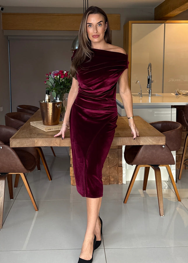 Ariana Asymmetric Velvet Midi Dress - Wine