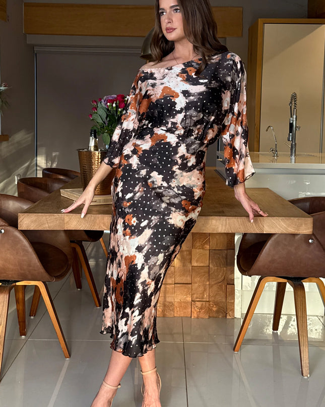 Leila Off the Shoulder Foiled Print Maxi - Brown