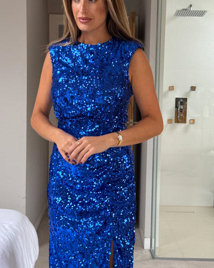 Estelle Sequin Ruched Midi Dress - Colbalt Blue