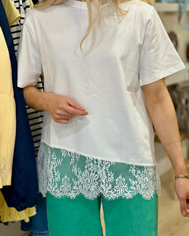 Asymmetric Lace Hem T-Shirt - White