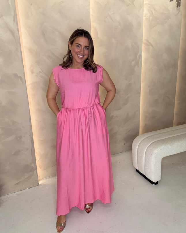 Balloon Hem Top and Midi Skirt Co-Ord -  Pink