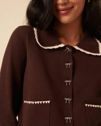 Crochet Collar Bow Button Cardigan - Brown