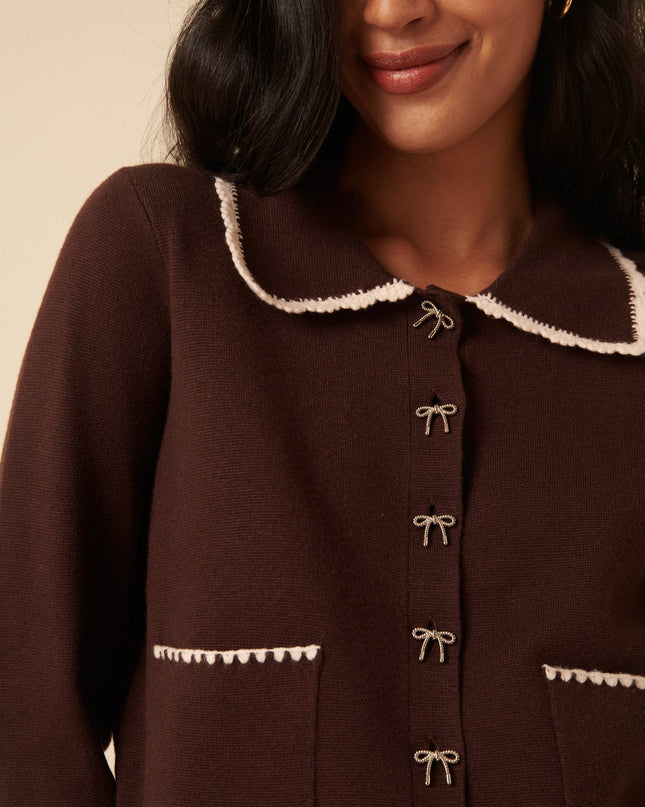 Crochet Collar Bow Button Cardigan - Brown