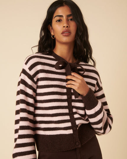 Striped Tie Neck Cardigan - Brown And Pink