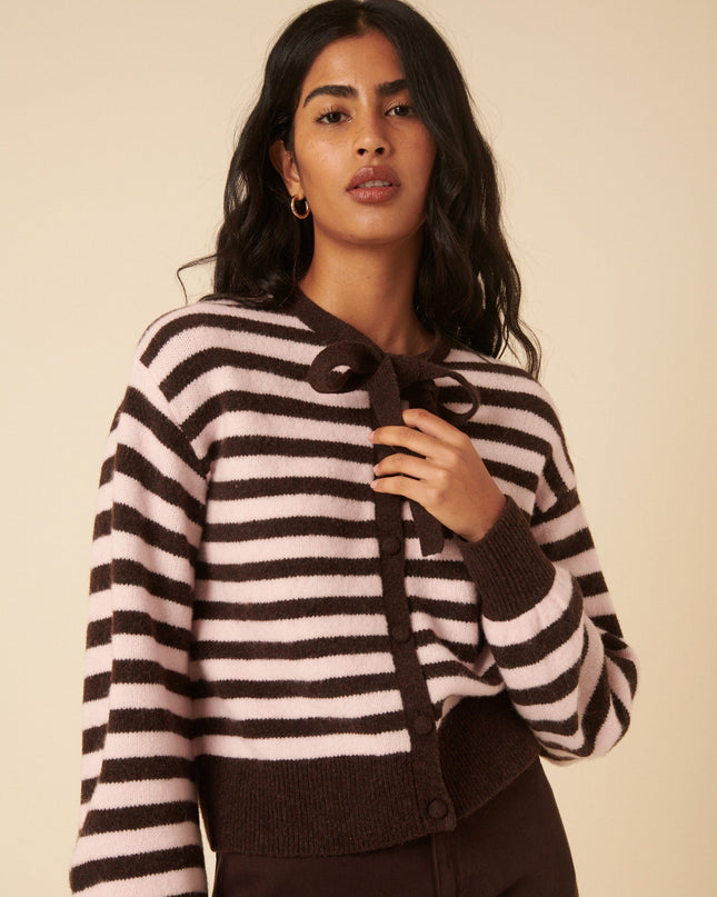 Striped Tie Neck Cardigan - Brown And Pink