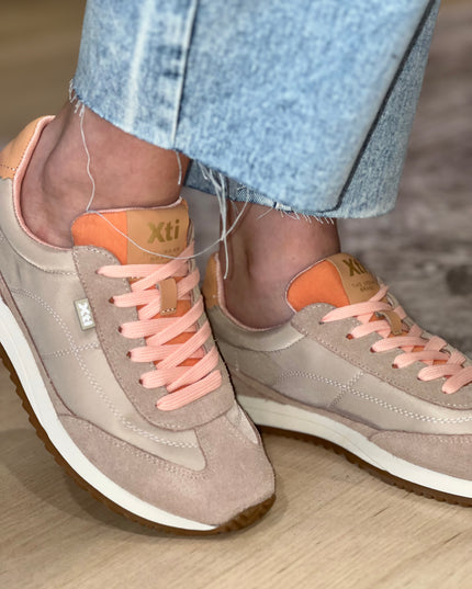 Mixed Textile Sneaker - Beige/Coral