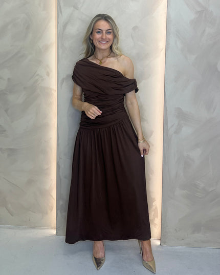 Asymmetric Drape Maxi Dress - Brown