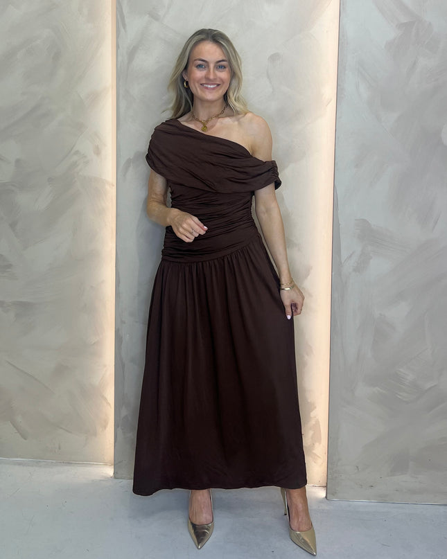 Asymmetric Drape Maxi Dress - Brown