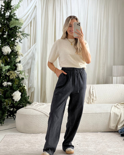Wide Leg Soft Touch Drawstring Trouser - Washed Black