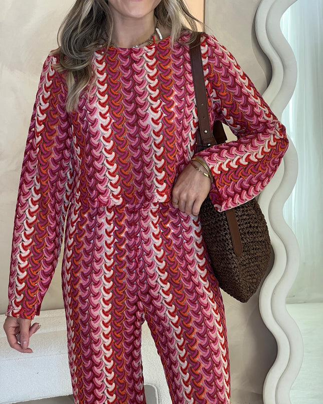 Long Sleeve Crochet Top - Pink/Red