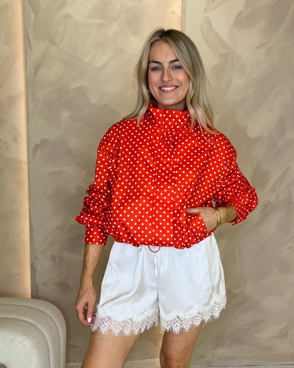 Funnel Neck Bomber Jacket - Red Polka Dot