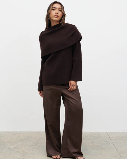 Tarla Exaggerated Drape Knit Jumper - Chocolate