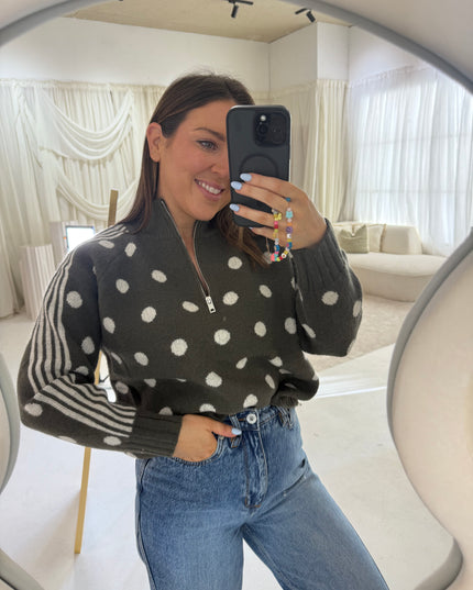 Polka Dot Quarter Zip Knit - Green