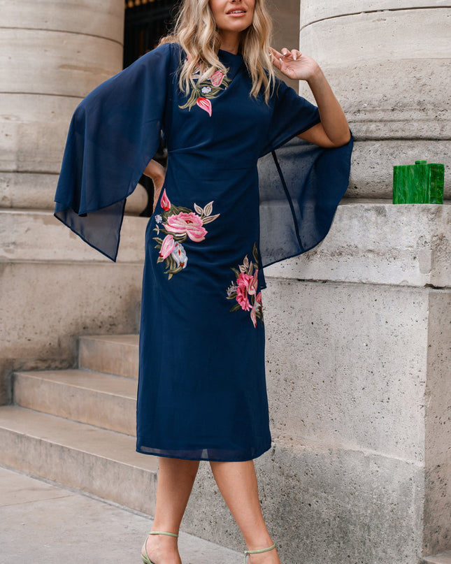 Ludmila Embroidered Caped Dress - Navy
