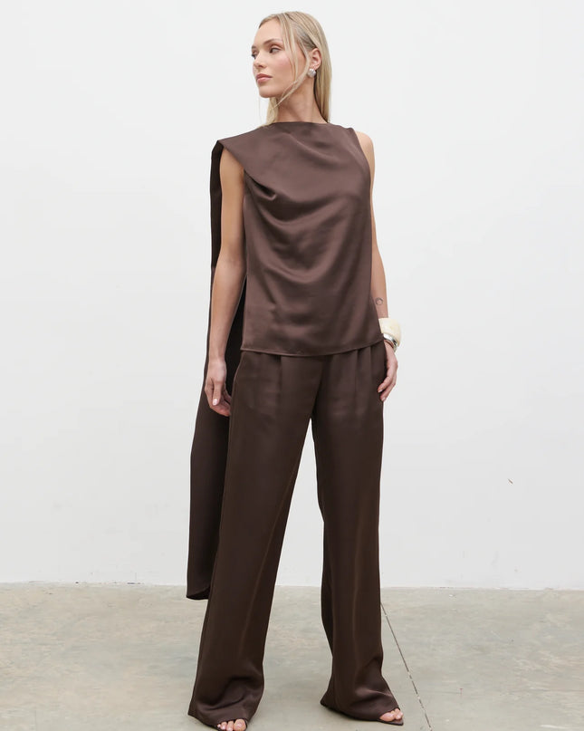 Breya Satin Tailored Trouser - Brown