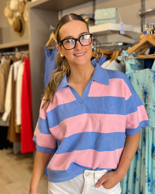 Knit Polo Top - Pink/Blue