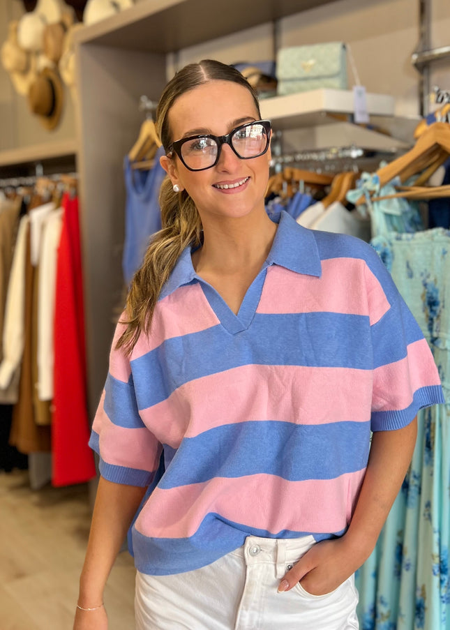 Knit Polo Top - Pink/Blue