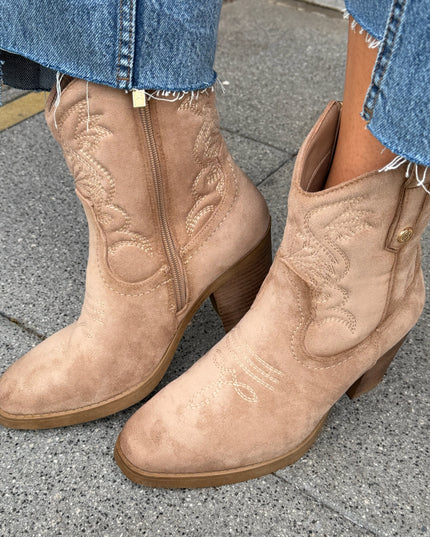 Western Suede Ankle Boot - Beige