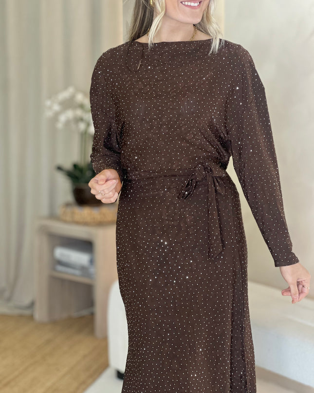 Lysandra Animal Texture Gem Dress - Chocolate