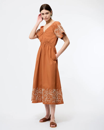 French Connection Cambria Cotton Embroidered Dress - Coffee Brown