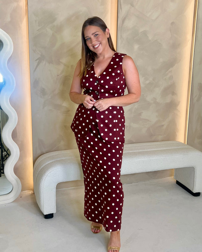 Theta Midi Skirt - Burgundy Polka Dot
