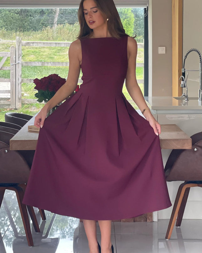 Nesta Boat Neck Skater Midi Dress- Berry