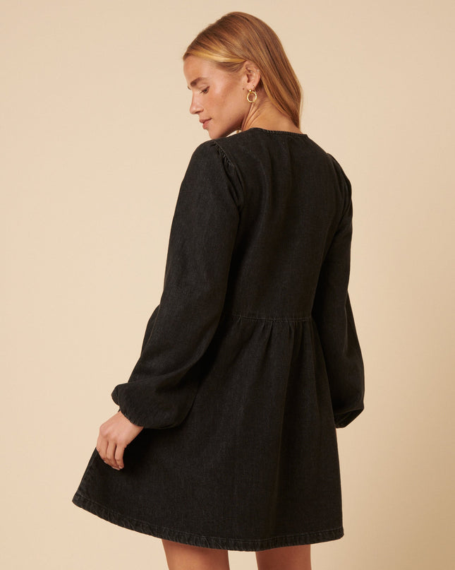 Tie Front Eden Mini Dress Petite - Black Denim