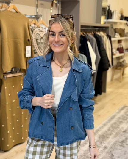Soft Denim Cropped Trench - Blue