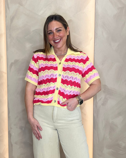 Short Sleeve Knit Cardigan - Yellow