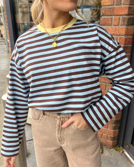 Oversized Striped Long Sleeve Top - Sky Blue/Brown