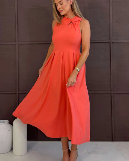 Anastasia Knot Detail Midi Dress - Coral