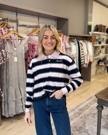 Guess Jeans Stripe Crop Polo Shirt - Navy/Pink