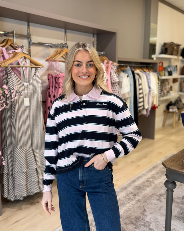 Guess Jeans Stripe Crop Polo Shirt - Navy/Pink