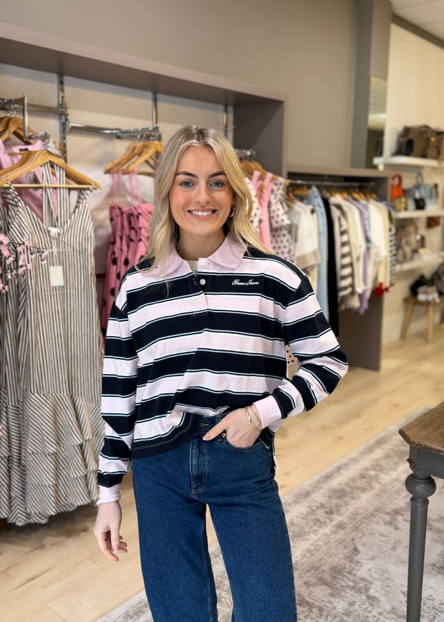 Guess Jeans Stripe Crop Polo Shirt - Navy/Pink