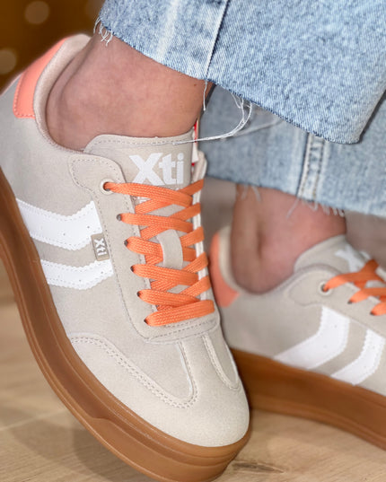 Platform Sneaker - Beige/Coral