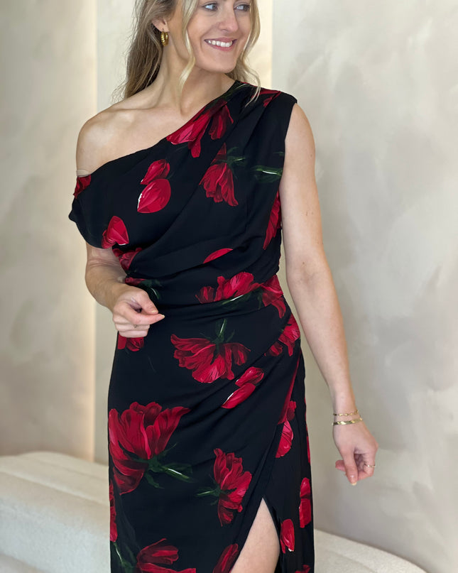 Ariana Asymmetric Midi Dress - Red Floral