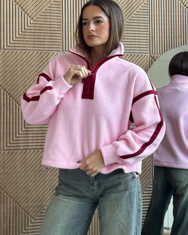 Lulu Contrast Binding 1/4 Zip Fleece - Pale Pink