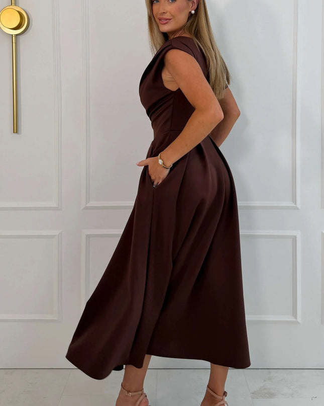 Betty Asymmetric Neckline Skater Midi - Brown