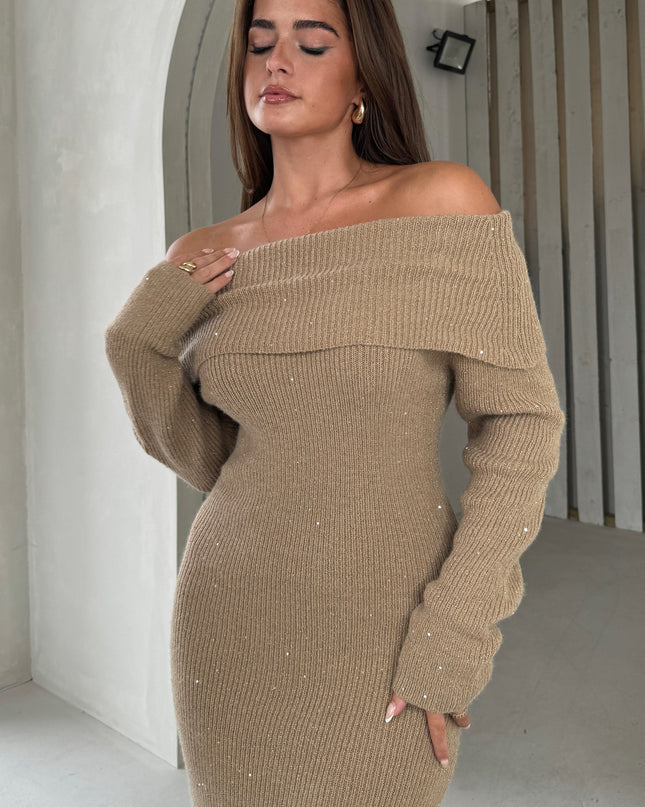 Brea Knitted Sequin Bardot Midi Dress - Camel