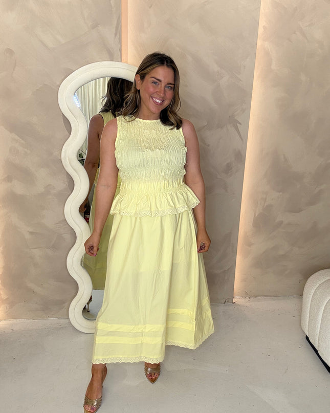 Poplin Midi Skirt with Lace Trim - Lemon