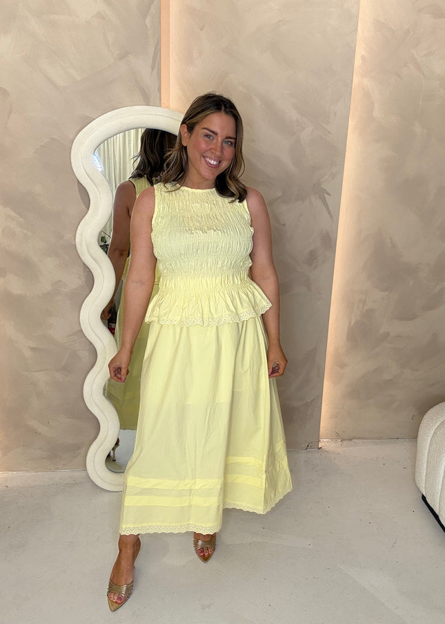 Poplin Midi Skirt with Lace Trim - Lemon