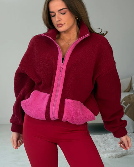 Mimi Contrast Pocket Full Zip Fleece - Wine